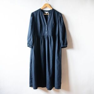 The White Company European Flax Linen 3/4 Puff Sleeve Midi Shift Dress